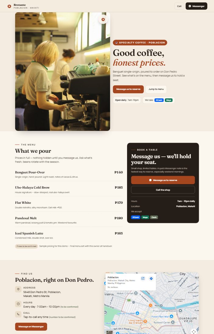 Sample draft of the Brotante Coffee site on a desktop screen: dark editorial layout with the hours and address near the top.