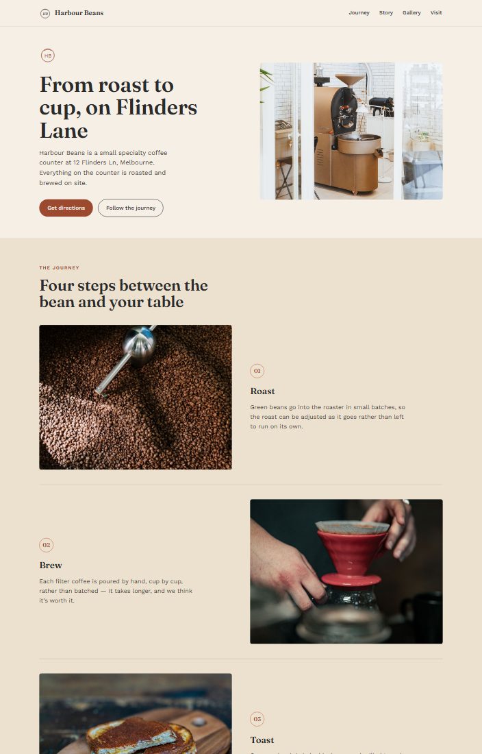 A page we built: the Harbour Beans sample draft in a browser window — a full-width photograph of coffee being poured, the shop name, and the directions.