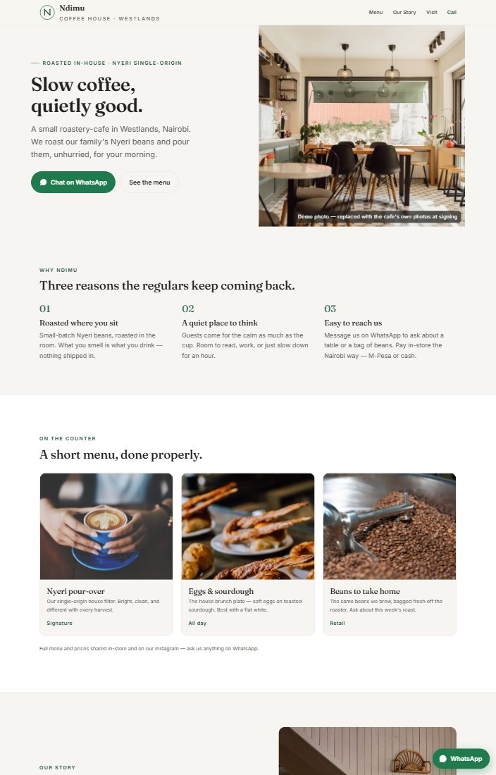 Sample draft of the Ndimu Coffee House site on a desktop screen: a headline, a photograph of the room and a short menu.