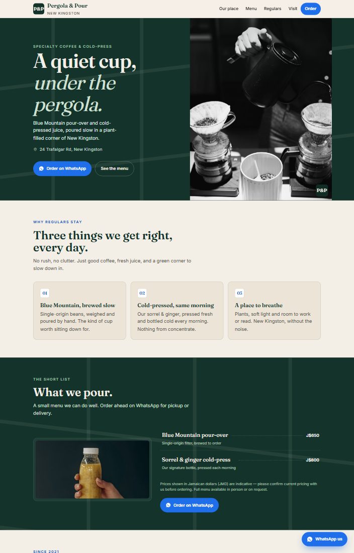 Sample draft of the Pergola and Pour site on a desktop screen: a warm hero photograph and a single clear call to action.